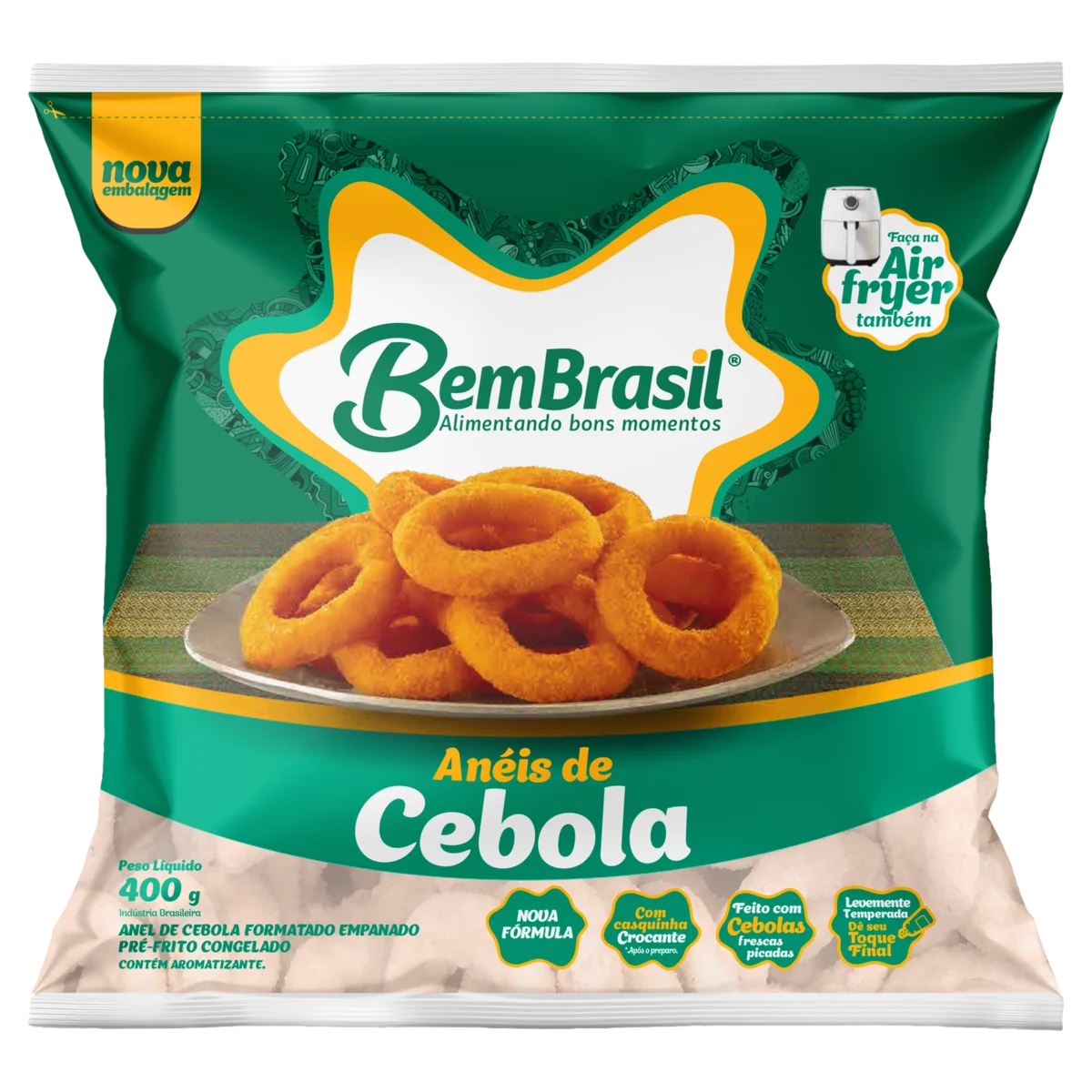 Anéis de Cebola Empanados Pré-Fritos Congelados Bem Brasil Pacote 400g