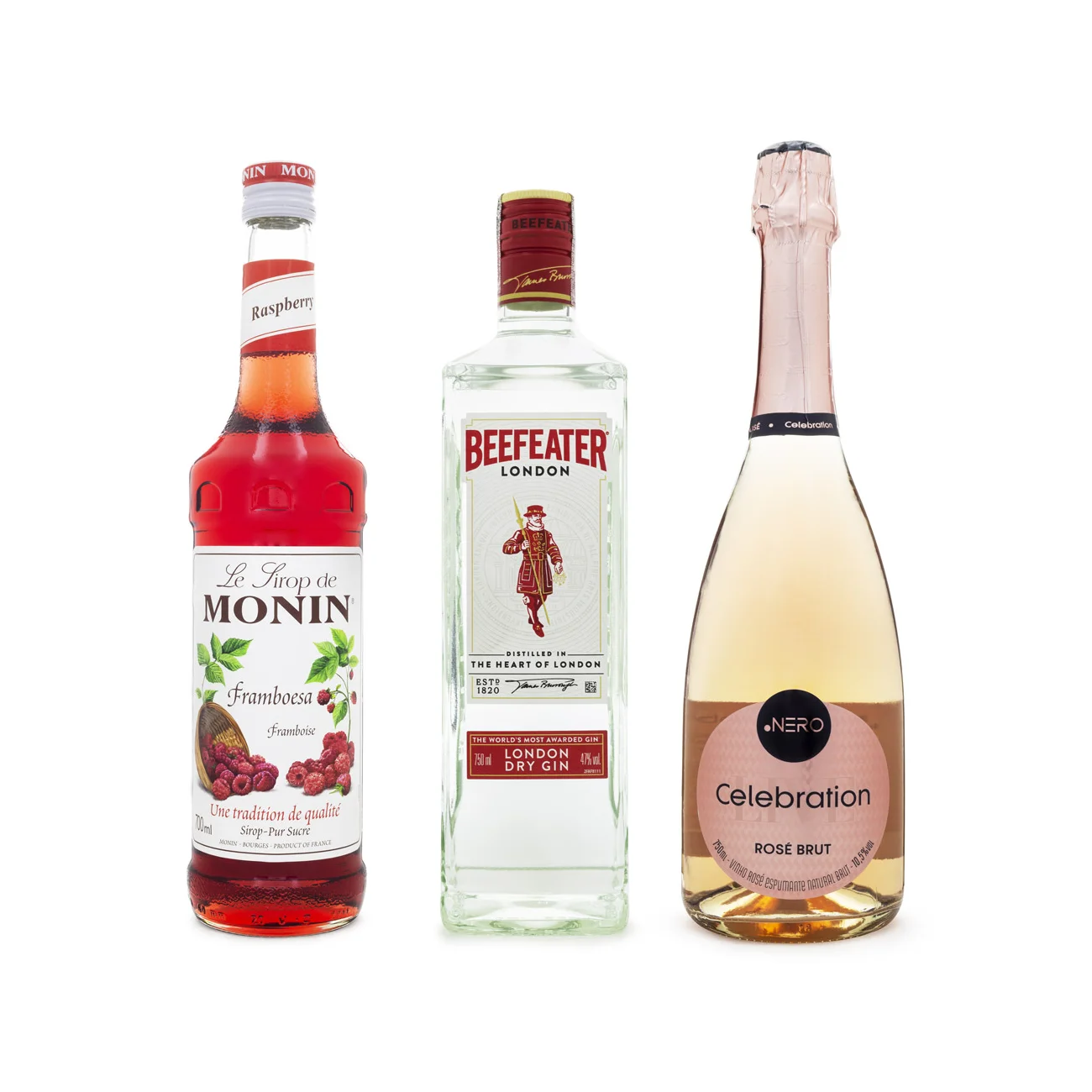 Combo Drink Red Velvet - MONIN Framboesa 250ml + Gin Beefeater 750ml + Espumante Ponto Nero Rosé 750ml