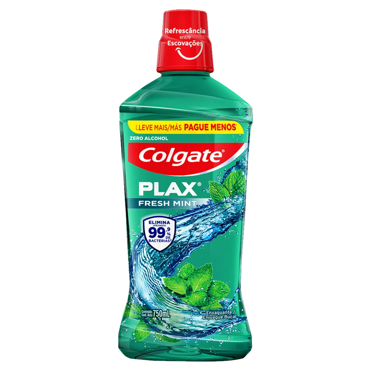 Enxaguante Bucal Antisséptico Zero Álcool Fresh Mint Colgate Plax Frasco Leve 750ml Pague 500ml